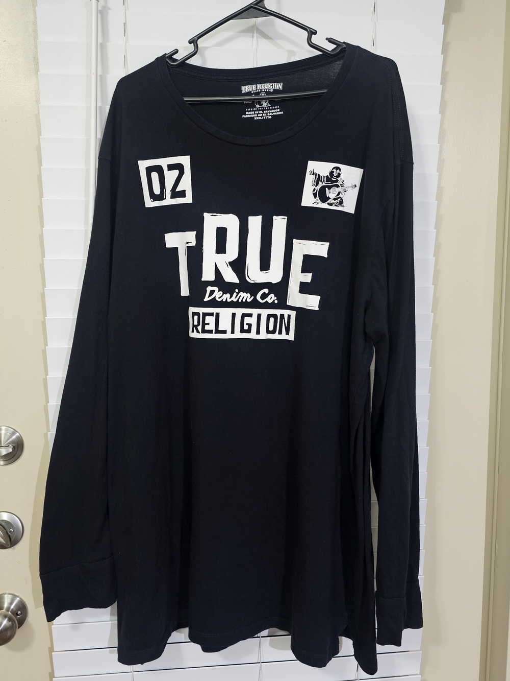 True Religion Black Long Sleeve Tee with White Logo Panels
